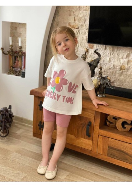 Kız Çocuk Papatya Baskılı Fitilli Şortlu Takım