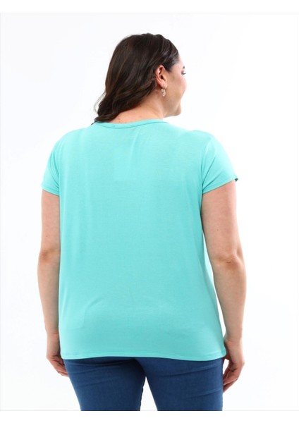 Kadın Büyük Beden V Yaka Basic Kısa Kollu Mint T-Shirt
