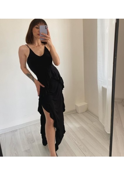 Askılı Çift Yırtmaçlı Fır Fır Detaylı Uzun Elbise
