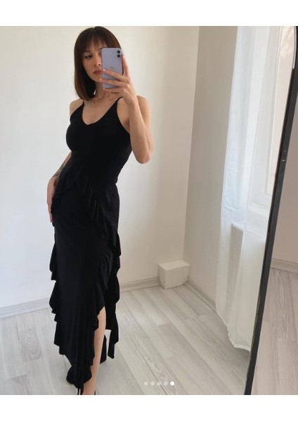 Askılı Çift Yırtmaçlı Fır Fır Detaylı Uzun Elbise