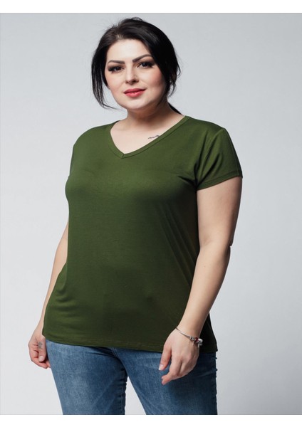 Kadın Büyük Beden V Yaka Basic Kısa Kollu Haki T-Shirt