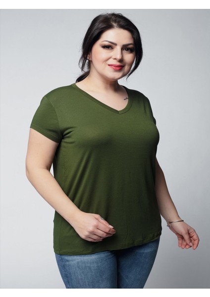 Kadın Büyük Beden V Yaka Basic Kısa Kollu Haki T-Shirt fiyatları