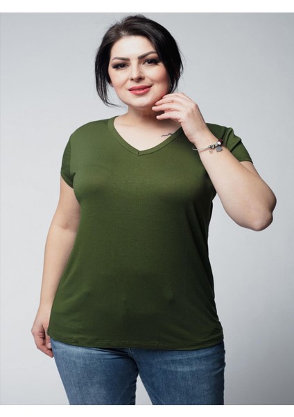 Kadın Büyük Beden V Yaka Basic Kısa Kollu Haki T-Shirt modelleri