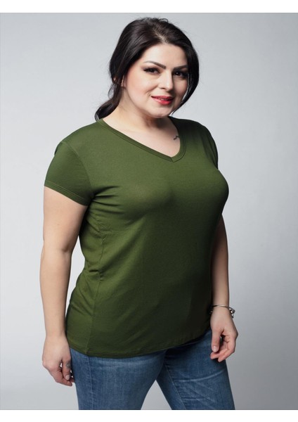 Kadın Büyük Beden V Yaka Basic Kısa Kollu Haki T-Shirt fırsatları