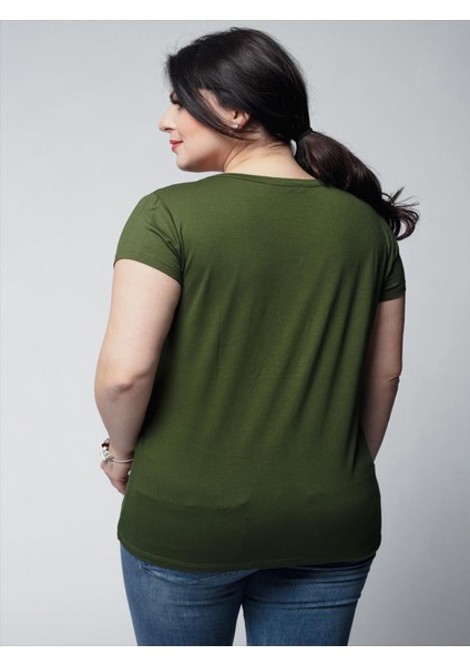 Kadın Büyük Beden V Yaka Basic Kısa Kollu Haki T-Shirt indirimleri