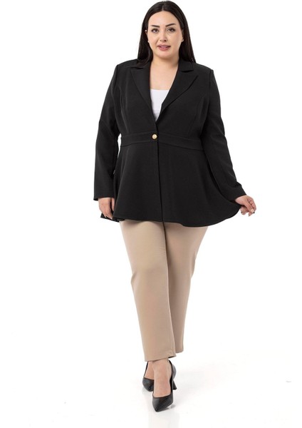 Büyük Beden Tek Düğmeli Belde Bant Detaylı Kloş Astarsız Siyah Ceket