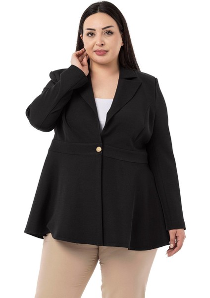 Büyük Beden Tek Düğmeli Belde Bant Detaylı Kloş Astarsız Siyah Ceket fiyatları