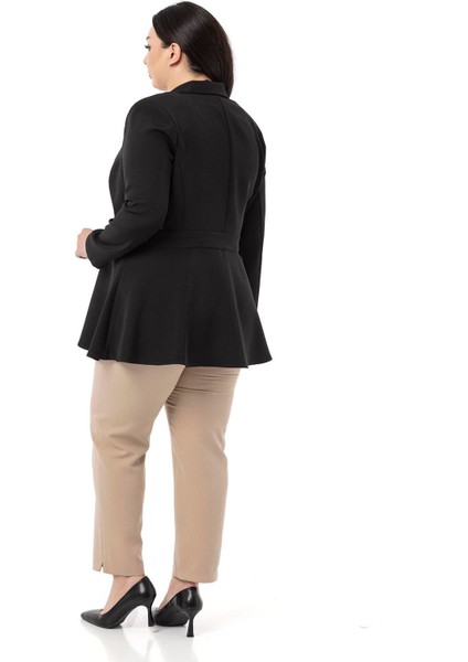 Büyük Beden Tek Düğmeli Belde Bant Detaylı Kloş Astarsız Siyah Ceket modelleri