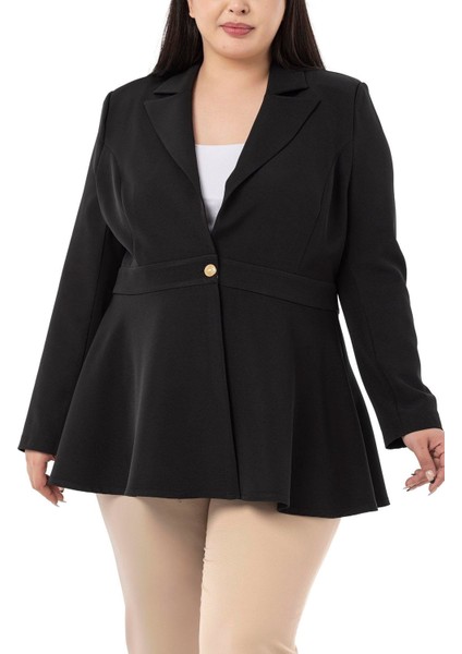 Büyük Beden Tek Düğmeli Belde Bant Detaylı Kloş Astarsız Siyah Ceket fırsatları