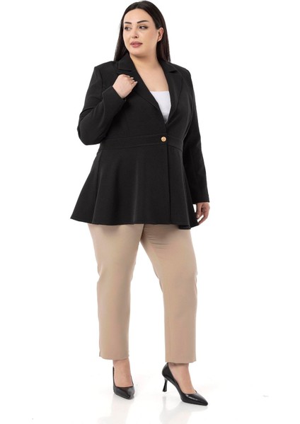 Büyük Beden Tek Düğmeli Belde Bant Detaylı Kloş Astarsız Siyah Ceket indirimleri