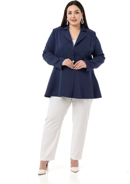 Büyük Beden Tek Düğmeli Belde Bant Detaylı Kloş Astarsız Lacivert Ceket