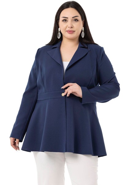 Büyük Beden Tek Düğmeli Belde Bant Detaylı Kloş Astarsız Lacivert Ceket fiyatları