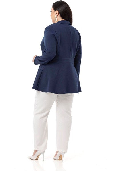 Büyük Beden Tek Düğmeli Belde Bant Detaylı Kloş Astarsız Lacivert Ceket modelleri