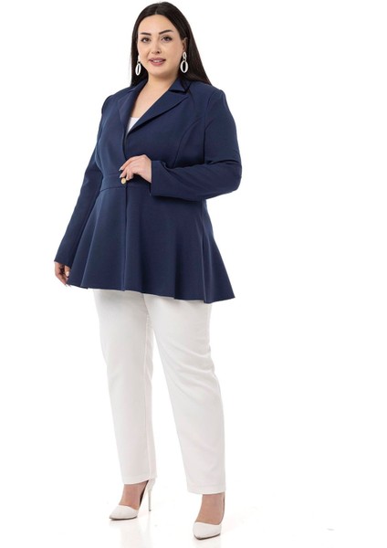 Büyük Beden Tek Düğmeli Belde Bant Detaylı Kloş Astarsız Lacivert Ceket fırsatları