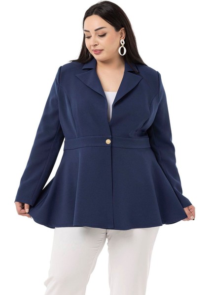 Büyük Beden Tek Düğmeli Belde Bant Detaylı Kloş Astarsız Lacivert Ceket indirimleri