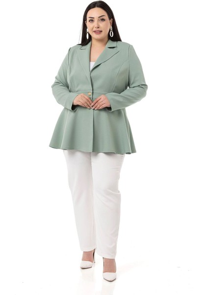Büyük Beden Tek Düğmeli Belde Bant Detaylı Kloş Astarsız Mint Ceket