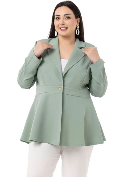 Büyük Beden Tek Düğmeli Belde Bant Detaylı Kloş Astarsız Mint Ceket fiyatları