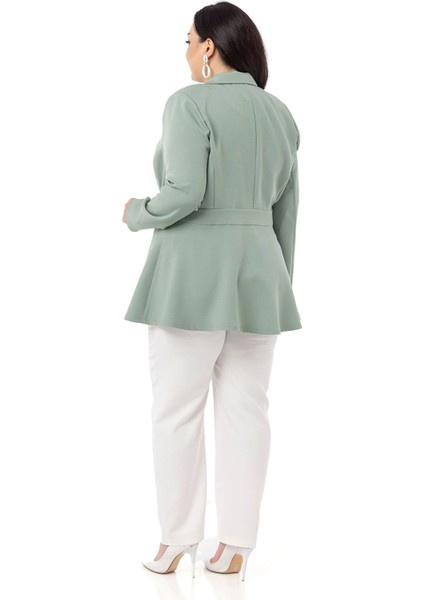 Büyük Beden Tek Düğmeli Belde Bant Detaylı Kloş Astarsız Mint Ceket modelleri