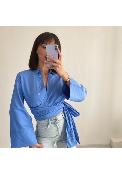 Asimetrik Kesim Bağlama Detaylı Gömlek