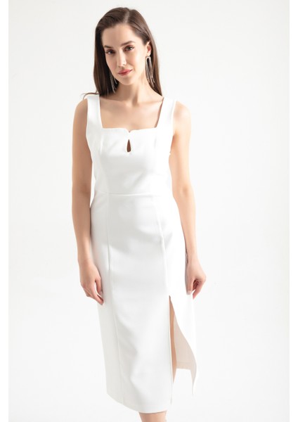 Kadın Beyaz Kare Yaka Yırtmaçlı Midi Elbise modelleri