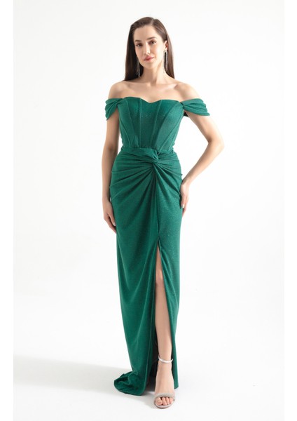 Kadın Zümrüt Yeşili Kruvaze Astarlı Korse Detaylı Uzun Simli Abiye