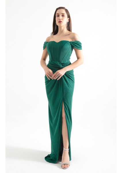 Kadın Zümrüt Yeşili Kruvaze Astarlı Korse Detaylı Uzun Simli Abiye fiyatları