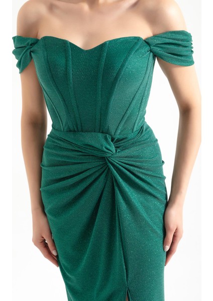 Kadın Zümrüt Yeşili Kruvaze Astarlı Korse Detaylı Uzun Simli Abiye fırsatları