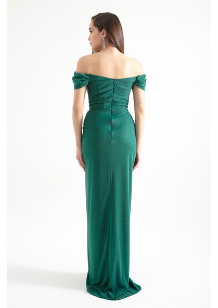 Kadın Zümrüt Yeşili Kruvaze Astarlı Korse Detaylı Uzun Simli Abiye indirimleri