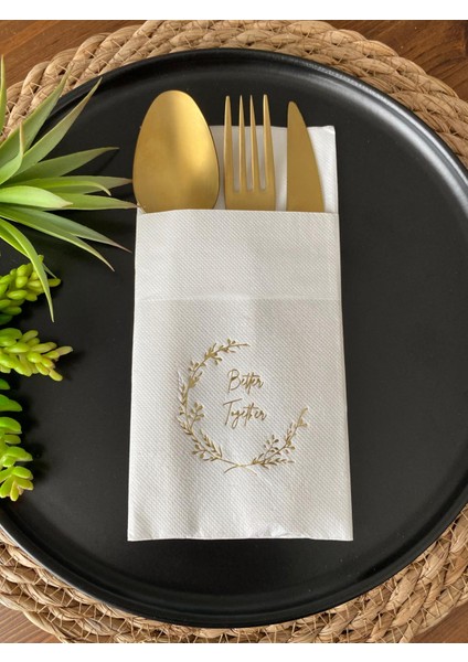 Gold Yaldızlı Beyaz Better Together Cepli Peçete 12 Adet 40X40