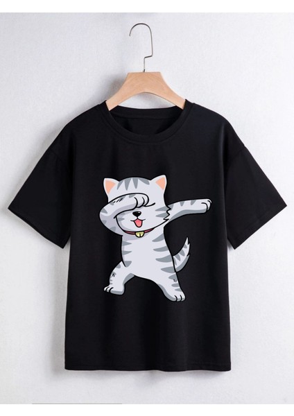 Unısex Rahat Kalıp Pamuklu Havalı Kedicik Baskılı Çocuk T-Shirt