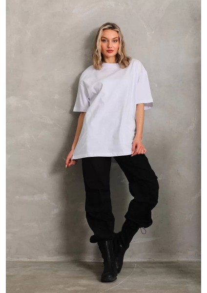 Unisex Bisiklet Yaka 20/1 Düz Oversize T-Shirt - Beyaz