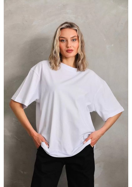 Unisex Bisiklet Yaka 20/1 Düz Oversize T-Shirt - Beyaz