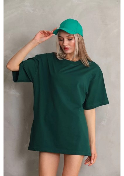 Unisex Bisiklet Yaka 20/1 Düz Oversize T-Shirt - Yeşil