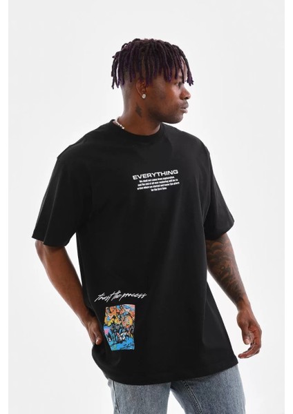 Unisex Bisiklet Yaka Baskılı Oversize T-Shirt - Siyah