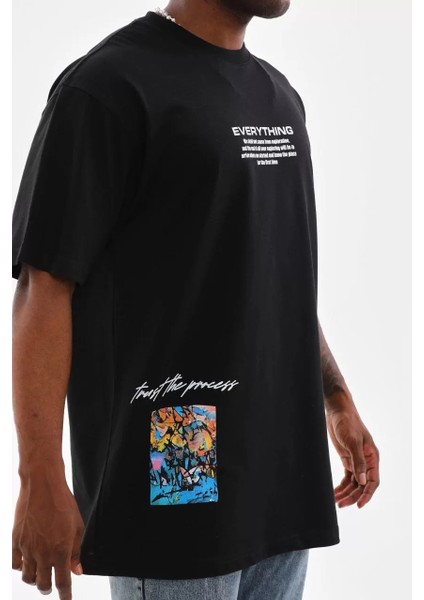 Unisex Bisiklet Yaka Baskılı Oversize T-Shirt - Siyah modelleri