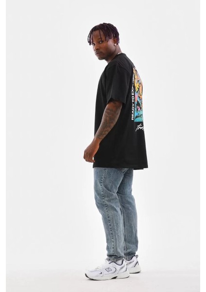 Unisex Bisiklet Yaka Baskılı Oversize T-Shirt - Siyah indirimleri