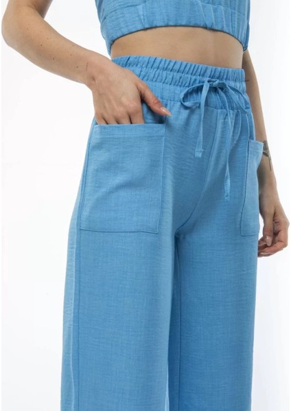 Kadin Keten Pantalon ve Crop Takım - Mavi