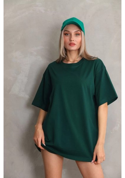 Unisex Bisiklet Yaka 20/1 Düz Oversize T-Shirt - Yeşil