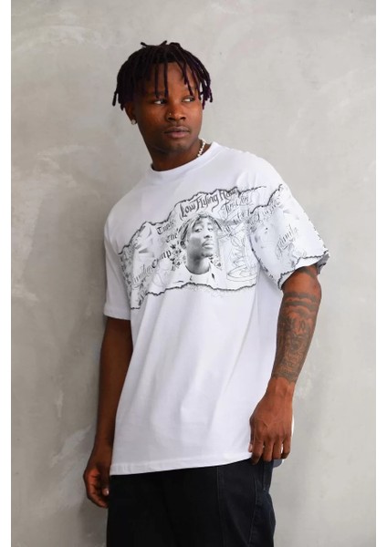 Unisex Bisiklet Yaka Baskılı Oversize T-Shirt - Beyaz fiyatları