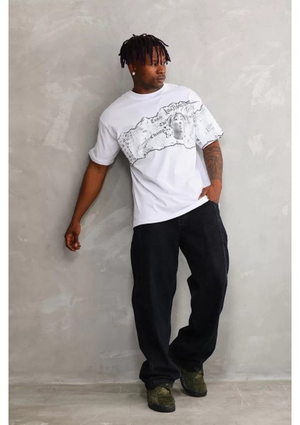 Unisex Bisiklet Yaka Baskılı Oversize T-Shirt - Beyaz modelleri