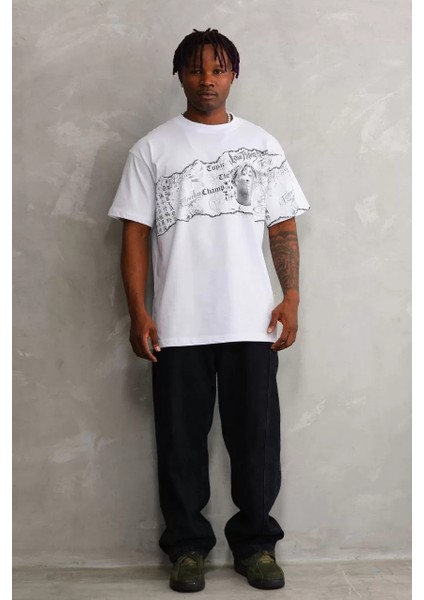 Unisex Bisiklet Yaka Baskılı Oversize T-Shirt - Beyaz fırsatları