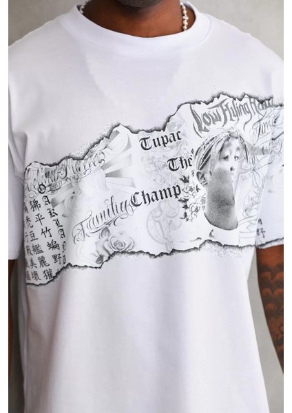 Unisex Bisiklet Yaka Baskılı Oversize T-Shirt - Beyaz indirimleri