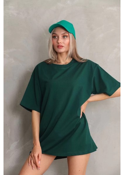 Unisex Bisiklet Yaka 20/1 Düz Oversize T-Shirt - Yeşil fiyatları