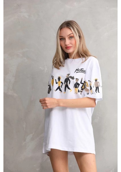 Unisex Bisiklet Yaka Baskılı Oversize T-Shirt - Beyaz indirimleri