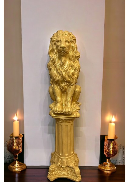 Dekoratif Büyük Boy 2 Parça Gold Takım Gold Sütun ve Gold Aslan