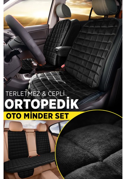 Premium Cepli Ortopedik Oto Koltuk Minder Seti - Koltuk Kılıfı - Ön ve Arka Koltuk Tam Set - Siyah