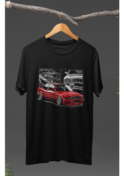 Red Black Bmw E30 Baskılı T-Shirt, Araba Yarış Temalı Baskılı Tişört