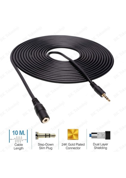 BK Teknoloji 3.5 mm Gold Stereo Aux Ses Uzatma Kablosu Erkek-Dişi 10 Metre