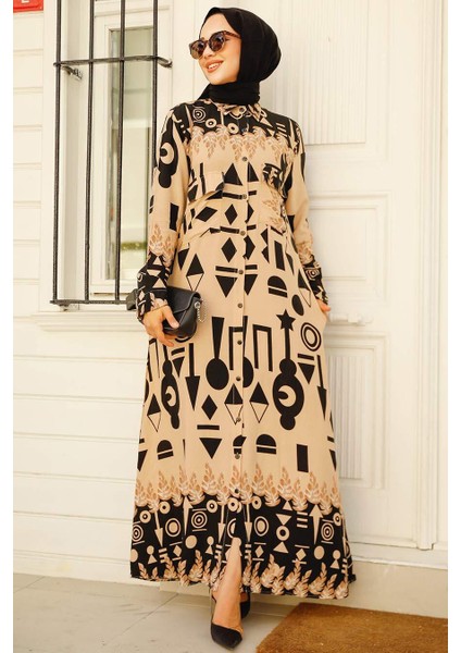 Desenli Vizon Tesettür Elbise 35202V