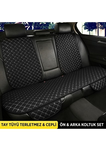 Torpedo Tay Tüyü Cepli & Terletmez Sırtlı Oto Koltuk Minder Seti - Koltuk Koruma Kılıfı - Ön ve Arka Koltuk Minder Set Siyah-Beyaz